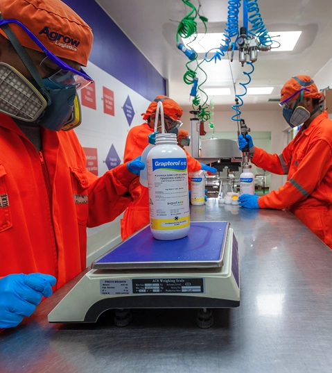 Operarios con traje de protección y respirador pesando un envase de producto agroquímico en una balanza